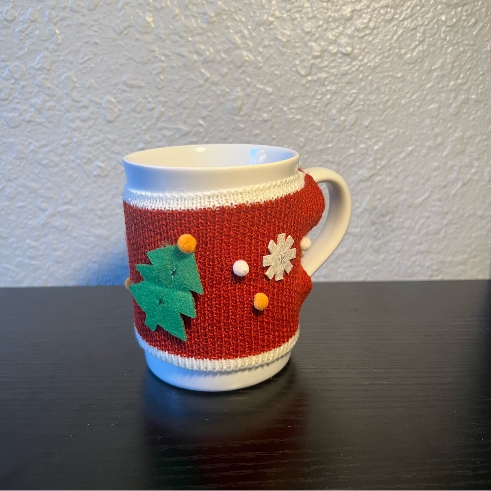 NEW Threshold White Stoneware Mug with Ugly Christmas Knit Sweater Cozy Sleeve